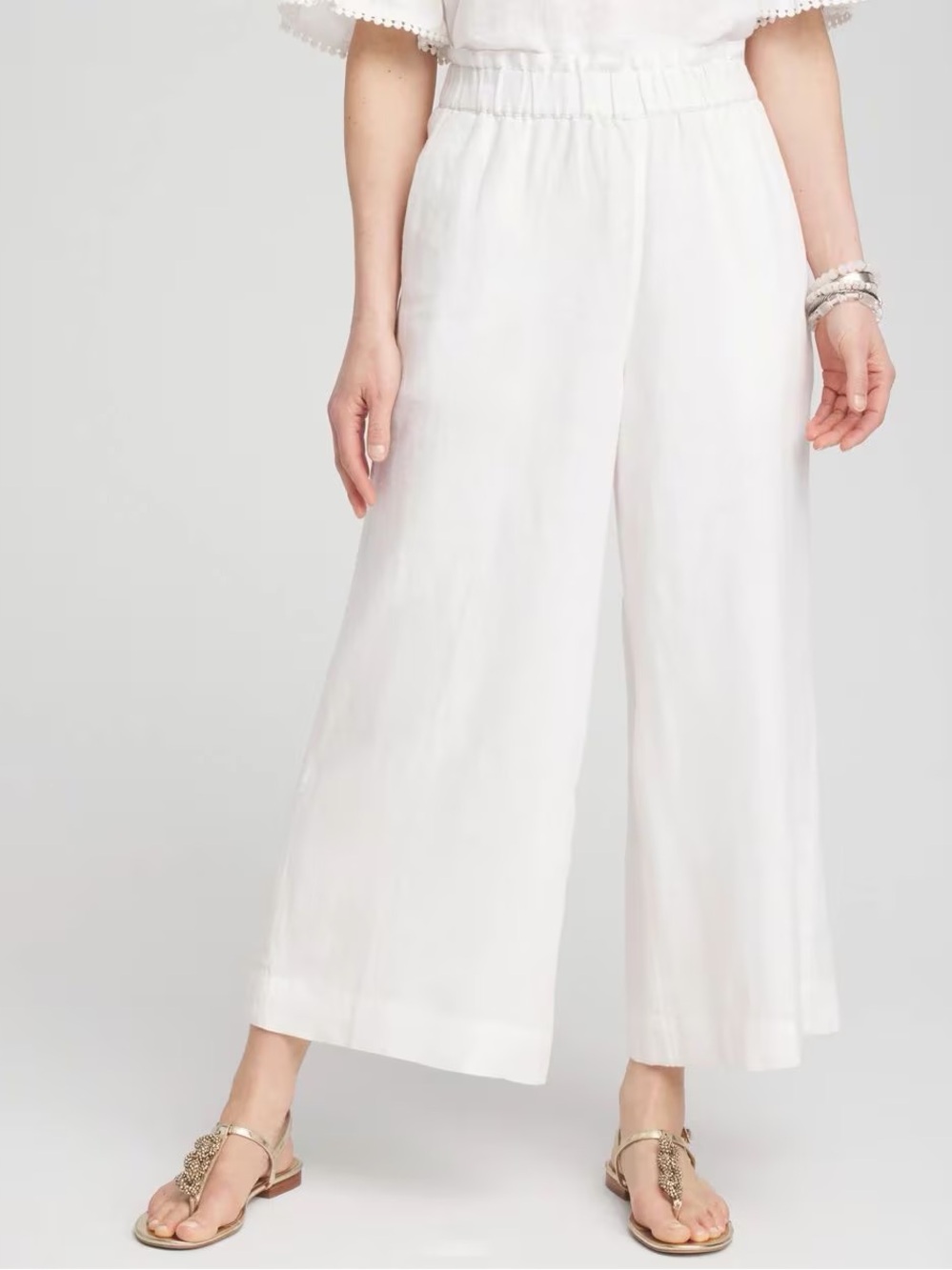 Chico's White Culotte Crop Pull On Linen Pant Alabaster Size 3 (16) Casual Flowy